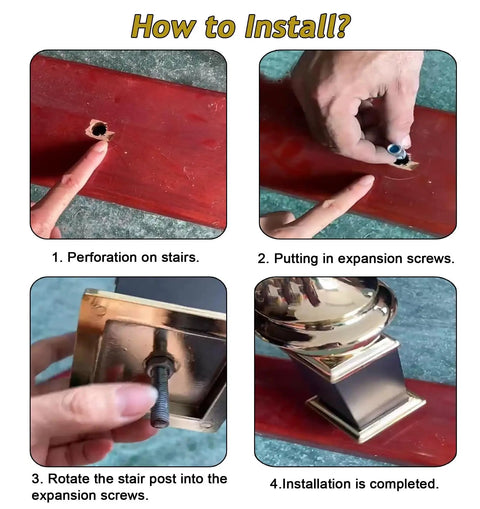 Installation guide for Premium Aluminum Stair Baluster Spindle Kit showing steps on wooden stairs.