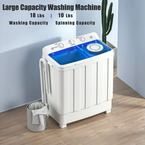 Auertech portable twin-tub washing machine with blue lid, white body, top control panel and drain hose