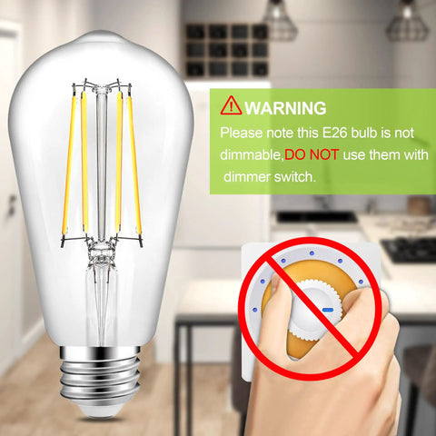 Vintage LED Edison Bulbs ST58 6W Equivalent 60W High Brightness Daylight 4000K 95 Plus CRI 900 Lumens E26 Medium Base Clear Glass 6 Pack Filament Lamps For A Cozy Modern Home Vibe with warning not dimmable