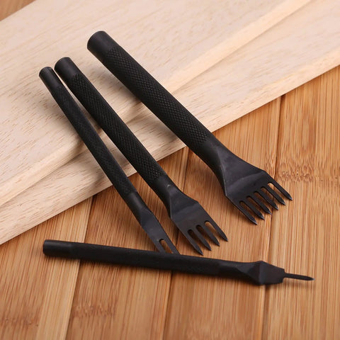 4mm Leather Lacing Stitching Chisels Kit 4 Pcs DIY Leather Hole Punch Tools Set with 1 2 4 6 Tooth Prong Chisels on wooden surface