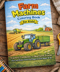 Cover of Tractors, Combines And Big Farm Trucks Coloring Book For Kids Ages 4-8 with farm scene illustration.