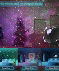 Lit Galaxy Sky Projector Light With Nebula Stars And Full Moon, remote control included, displayed in a dark room setup