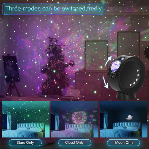 Lit Galaxy Sky Projector Light With Nebula Stars And Full Moon, remote control included, displayed in a dark room setup
