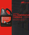 Front view of Ingersoll Rand All Season Select synthetic lubricant bottle, 5 L, black container with red cap