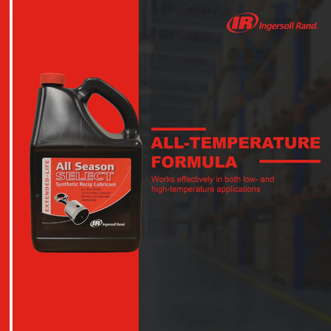 Front view of Ingersoll Rand All Season Select synthetic lubricant bottle, 5 L, black container with red cap