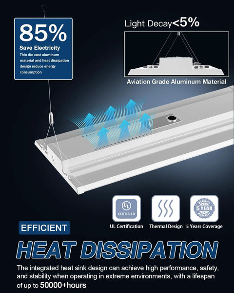 Bright As Day 210W LED Linear High Bay Shop Lights Four Pack With 31500LM 0 To 10V Dimmable 5000K Daylight, adjustable aluminum heat dissipation