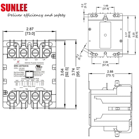 Technical diagram of 4 Pole 40 Amp 120V Coil Contactor for HVAC and Refrigeration Systems, showing dimensions and wiring layout.