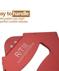 Close-up view of red anodized Heavy Duty Aluminum Router Jig Set, part of 13 Piece Template Kit with Radius Templates from R5 to R40.