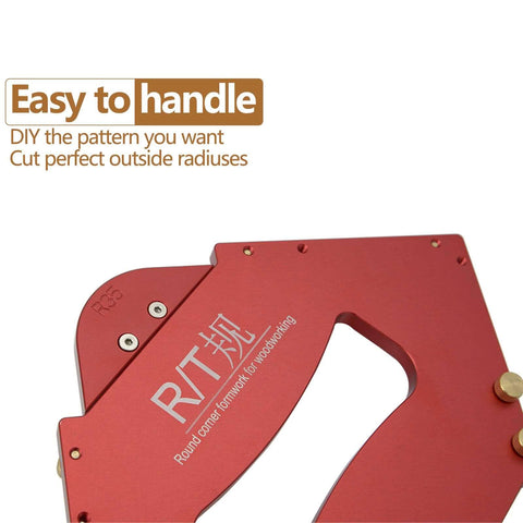 Close-up view of red anodized Heavy Duty Aluminum Router Jig Set, part of 13 Piece Template Kit with Radius Templates from R5 to R40.