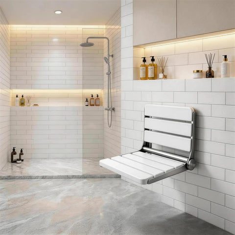 16 Inch Foldable Shower Seat Wall Mounted For Adults With 400 Lb Max Load Easy Drop Down Design Heavy Duty Waterproof Wood And Stainless Steel Build No Fuss Fits Small Inside Shower Spaces White installed in modern shower.