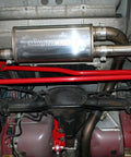 Panhard Bar Relocation Kit For 1982 2002 Camaro And Firebird Black Finish Street Ready Bolt On Upgrade Replaces Upper Support And Relocates Lower Bar To Make Room For Up To 3 Inch True Dual Exhaust Over Passenger Side Axle installed with red brackets