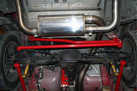 Panhard Bar Relocation Kit For 1982 2002 Camaro And Firebird Black Finish Street Ready Bolt On Upgrade Replaces Upper Support And Relocates Lower Bar To Make Room For Up To 3 Inch True Dual Exhaust Over Passenger Side Axle installed with red brackets