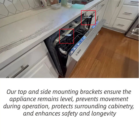 Heavy Duty Dishwasher Mounting Bracket Kit 2 Pack installed in Bosch Thermador Kenmore and Gaggenau models under counter