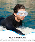 Heavy Duty Blue Safety Goggles With Anti Fog Ventilation And Side Shields To Keep Your Peepers Locked Up Tight Against Flying Debris Dust And Splashes On Any Rough Job Site, used by swimmer in clear water.