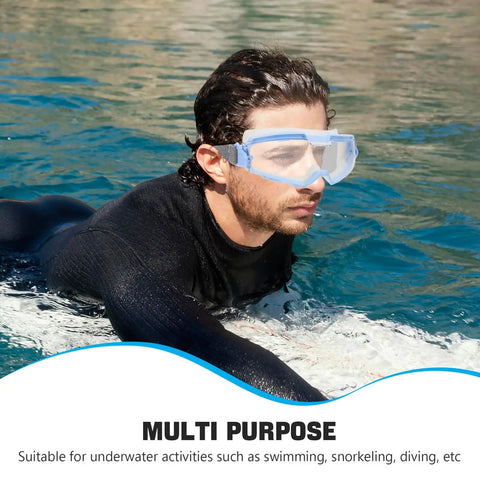 Heavy Duty Blue Safety Goggles With Anti Fog Ventilation And Side Shields To Keep Your Peepers Locked Up Tight Against Flying Debris Dust And Splashes On Any Rough Job Site, used by swimmer in clear water.