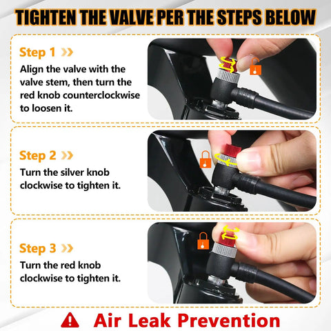 Instructions for Beefy High Pressure Bike Shock Pump With Gauge For Mountain Bike And Road Bikes, showing valve tightening steps.