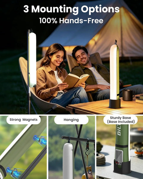 Inflatable 24 Inch Solar Camping Lantern Must Have with Magnetic LED Tube Light on wooden table next to people by a tent