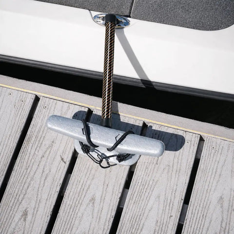2-Pack Bungee Dock Lines For VFX 1652 Boats attached to metal cleat with elastic shock absorbing mooring ropes and stainless steel clips