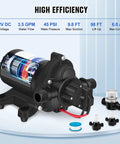 Image of a 12V RV Fresh Water Pump with 3.5 GPM at 45 PSI, self-priming diaphragm pump, showcasing high efficiency for RVs and yachts.