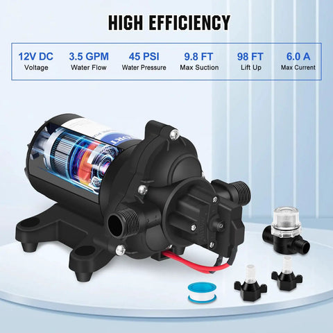 Image of a 12V RV Fresh Water Pump with 3.5 GPM at 45 PSI, self-priming diaphragm pump, showcasing high efficiency for RVs and yachts.