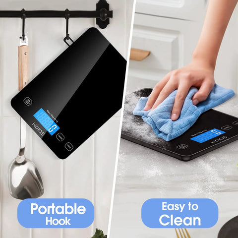 Dialed In Kitchen Scale For Precise Cooking And Baking With 33 Pound Capacity Digital Food Scale hanging and cleaning