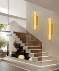 Set Of Two 25 Inch Brass And Natural Alabaster Wall Sconces Featuring Authentic Spanish Marble Veins For Bathroom Bedroom Or Hallway Total Game Changer Lighting illuminating modern staircase.