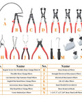 Sixteen Piece Hose Clamp Pliers Set for Automotive Repair with various pliers, flexible, angled, swivel jaw, Clic R collar.