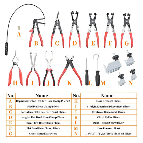 Sixteen Piece Hose Clamp Pliers Set for Automotive Repair with various pliers, flexible, angled, swivel jaw, Clic R collar.