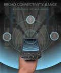 Hand holding rugged pistol grip barcode scanner with Bluetooth, GPS, WiFi icons, highlighting connectivity features.