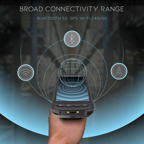 Hand holding rugged pistol grip barcode scanner with Bluetooth, GPS, WiFi icons, highlighting connectivity features.