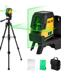 Laser Level With Tripod 100 Ft Rechargeable Dual Modules Line Laser Self Leveling Wide Angle Cross Line Tool For Construction And Tile Renovation Magnetic Base Target Plate And Carry Bag showing green beams and tripod.