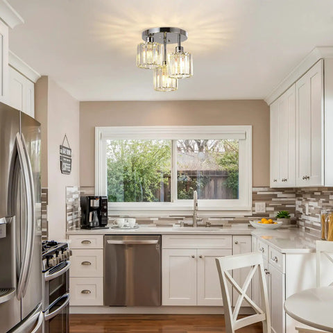 Semi Flush Mount Ceiling Light With Dope Crystal Shades 3 Light Modern Close To Ceiling Fixture in a bright kitchen setting