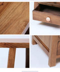 Close-up of Retro Chinese Ceramic Bathroom Sink And Above Counter Wash Basin With Faucet Mirror Cabinet Four Piece Vanity Set detailing the wood grain and drawer.
