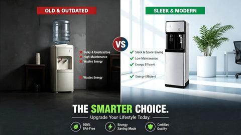 Comparison of old and outdated water dispenser versus sleek modern hospital grade freestanding water dispenser.