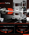 A-Premium lower steering column shaft with U-joint coupler on a torsion test rig performing fatigue and torque tests