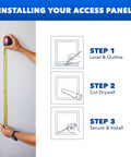 Installing Tough As Nails Heavy Duty 20X20 Steel Access Panel, illustrating measurement, cutting, and securing steps.