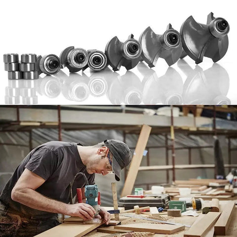 Six Piece Roundover Router Bit Set With 1/4 Inch Shank Carbide Bits And Six Bearings next to a woodworker using a router in a workshop