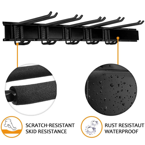Beefy Heavy Duty Garage Storage System With Wall Mount Overhead Shelving 48 Inch By 7 Inch Steel Shelves And 6 Pack 12 Inch Double Hooks Supports Up To 1200 Lbs Total detailed view of hooks and surface finish
