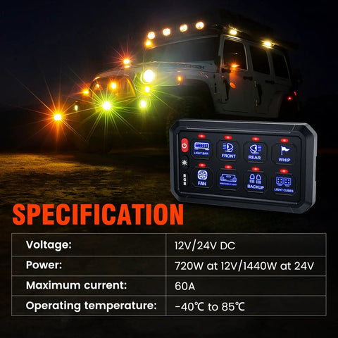 SUV with 8 Gang Bluetooth RGB Switch Panel With Toggle Momentary Flash Strobe And Memory Function, Waterproof Relay Box, IP65 Rating