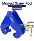 Front view of blue KARRYTON I-beam clamp, 11,000 lb capacity, with screw rod and T-handle.