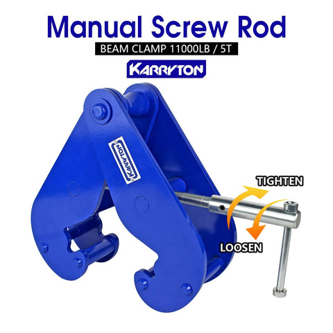 Front view of blue KARRYTON I-beam clamp, 11,000 lb capacity, with screw rod and T-handle.