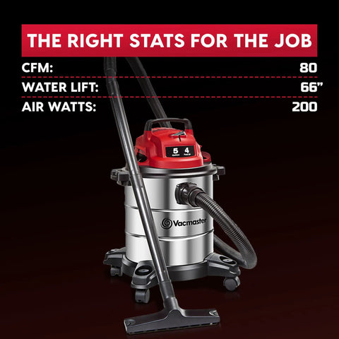 Premium 5 Gallon Wet Dry Shop Vac With Badass 135 Air Watt Suction, Rust Resistant Stainless Steel Tank, 16 Foot Extended Reach, And Six Piece Accessory Bundle For Daily Garage Cleaning features stats like CFM, water lift, and air watts.