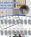 Removable Metal Shelf Support Clips For Universal Cabinet Mounts And Adjustable Shelving Brackets showcased with 16 silver clips on a shelf.