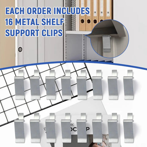 Removable Metal Shelf Support Clips For Universal Cabinet Mounts And Adjustable Shelving Brackets showcased with 16 silver clips on a shelf.