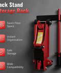Heavy Duty Jack Stand Wall Mount Organizer For Hydraulic Trolley Jacks And Garage Tools installed holding a red jack
