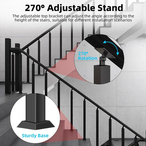 Heavy Duty Stair Railing Kit Featuring Rock Solid Wrought Iron Balusters With Fully Adjustable Spindles For Porch Deck And Staircase Setup No Fuss Quick Install Black with 270° adjustable stand.