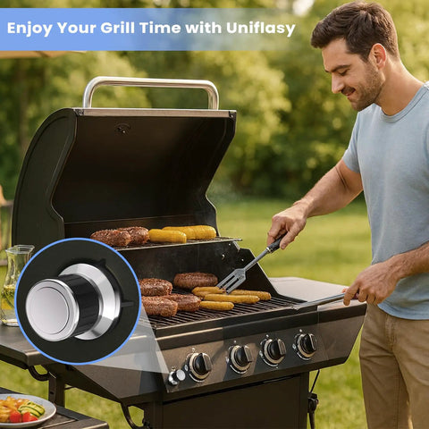 Man grilling using Universal 6 Outlet Push Button Grill Ignitor With Spark Generator Switch For Nexgrill CharBroil Brinkmann Charmglow