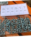 260 Piece Hydraulic Grease Fitting Kit With Straight And Angled Nozzles For Cars Trucks And Machinery shown in compartment box