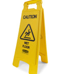 Heavy Duty Real Deal Built Tough Two Sided Caution Wet Floor Sign, 26 inches tall, yellow plastic for slip hazard warning.