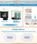 Cordless vacuum pump for storage bags; compact black pump with 60 kPa, 3600mAh battery and 8-LED power display.